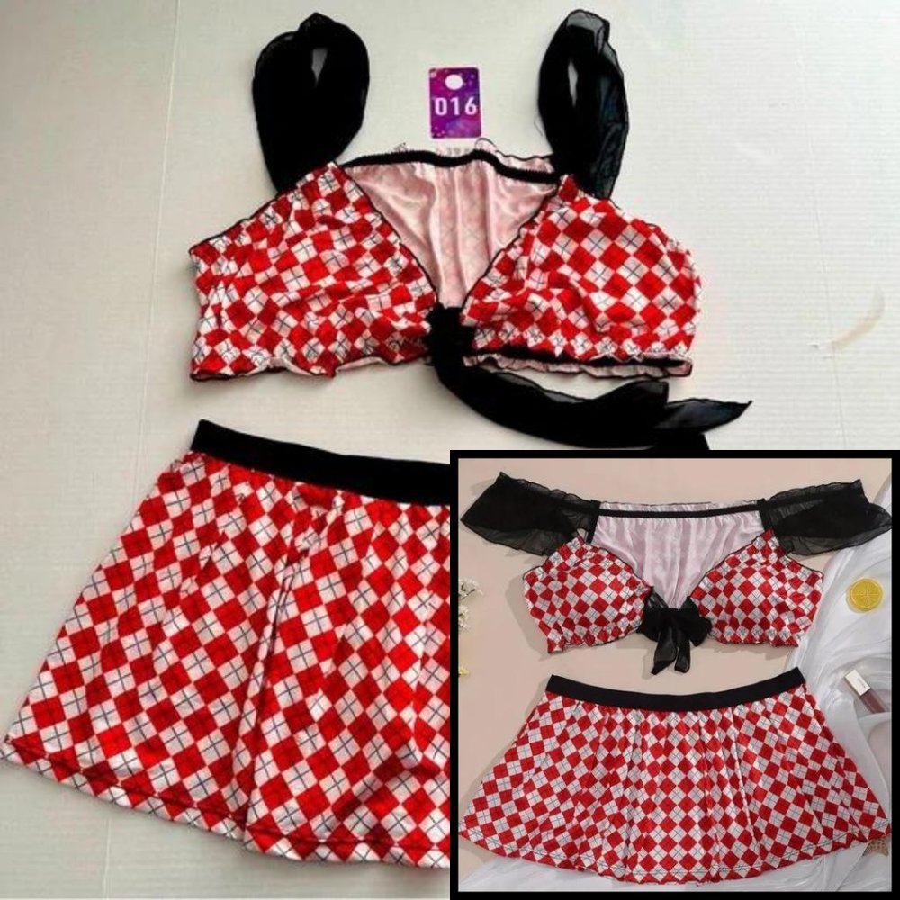 Plus red white black checked shorty tie top matching mini skirt NWT